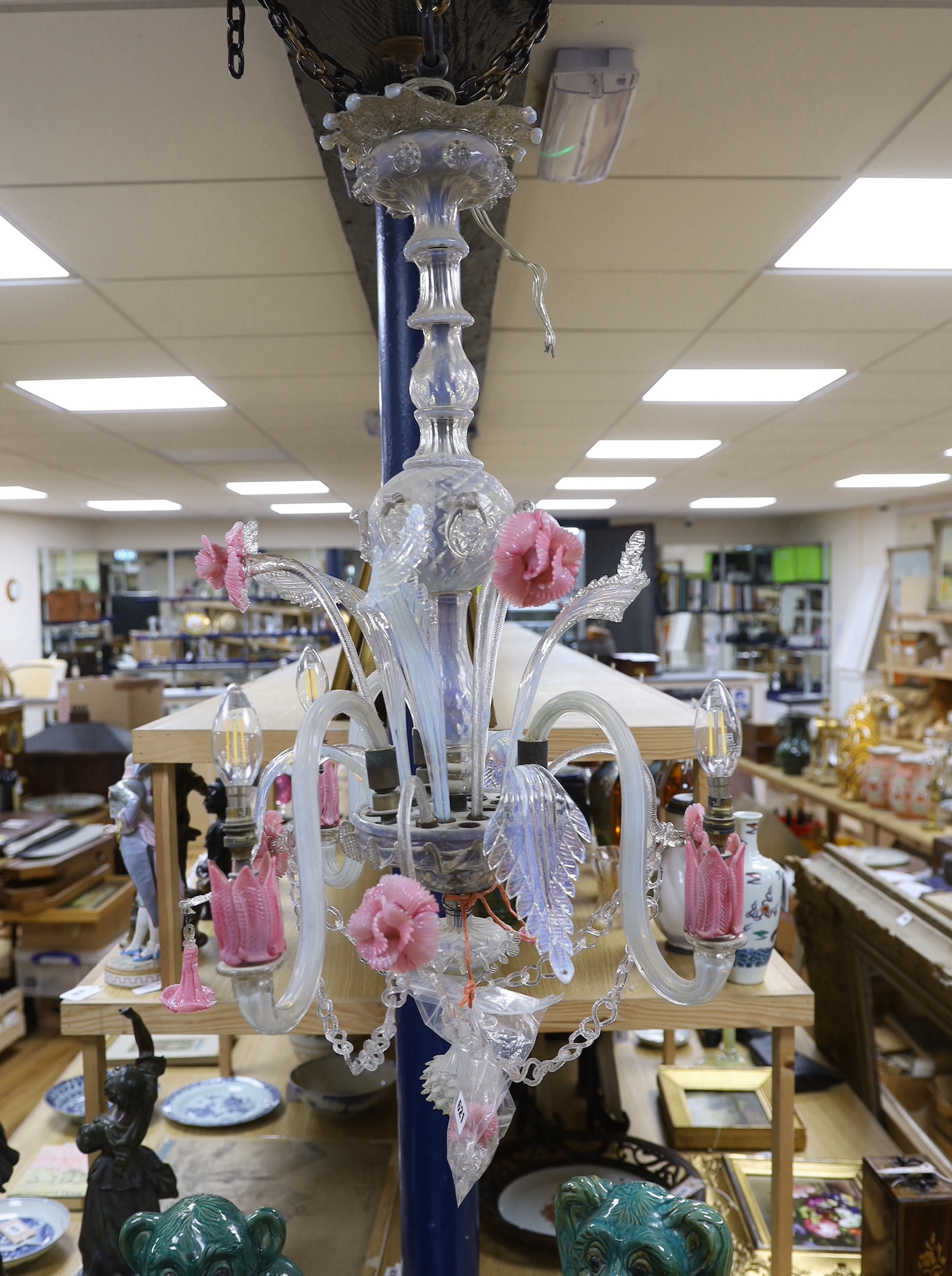 A Venetian opalescent and cranberry glass chandelier (converted)